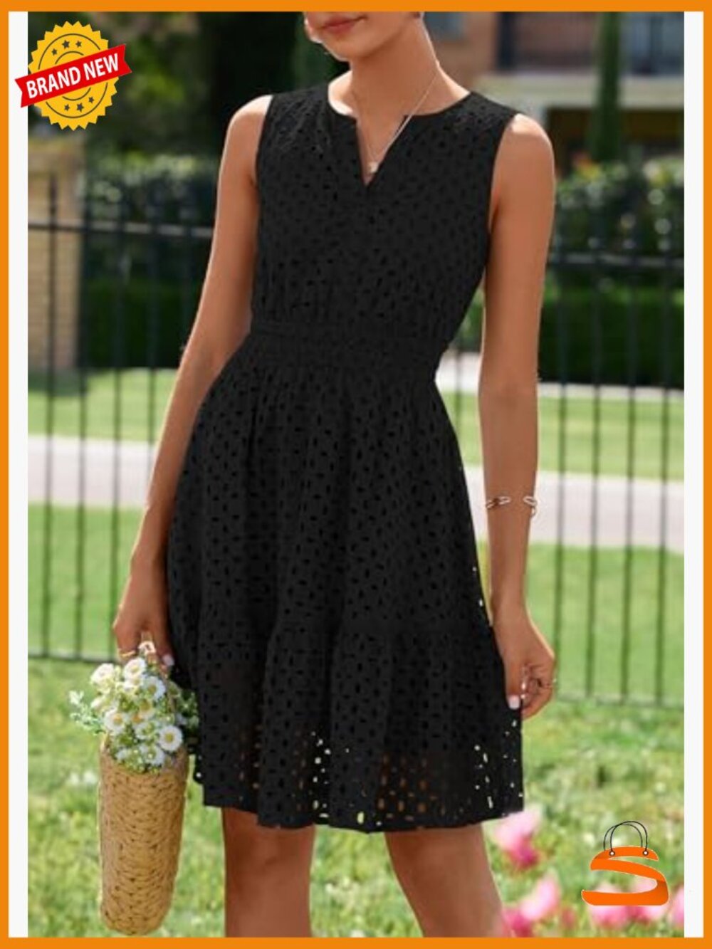Sleeveless V Neck Eyelet Hollow Out A Line Swing Beach Sun Dress - Picture 2 of 7